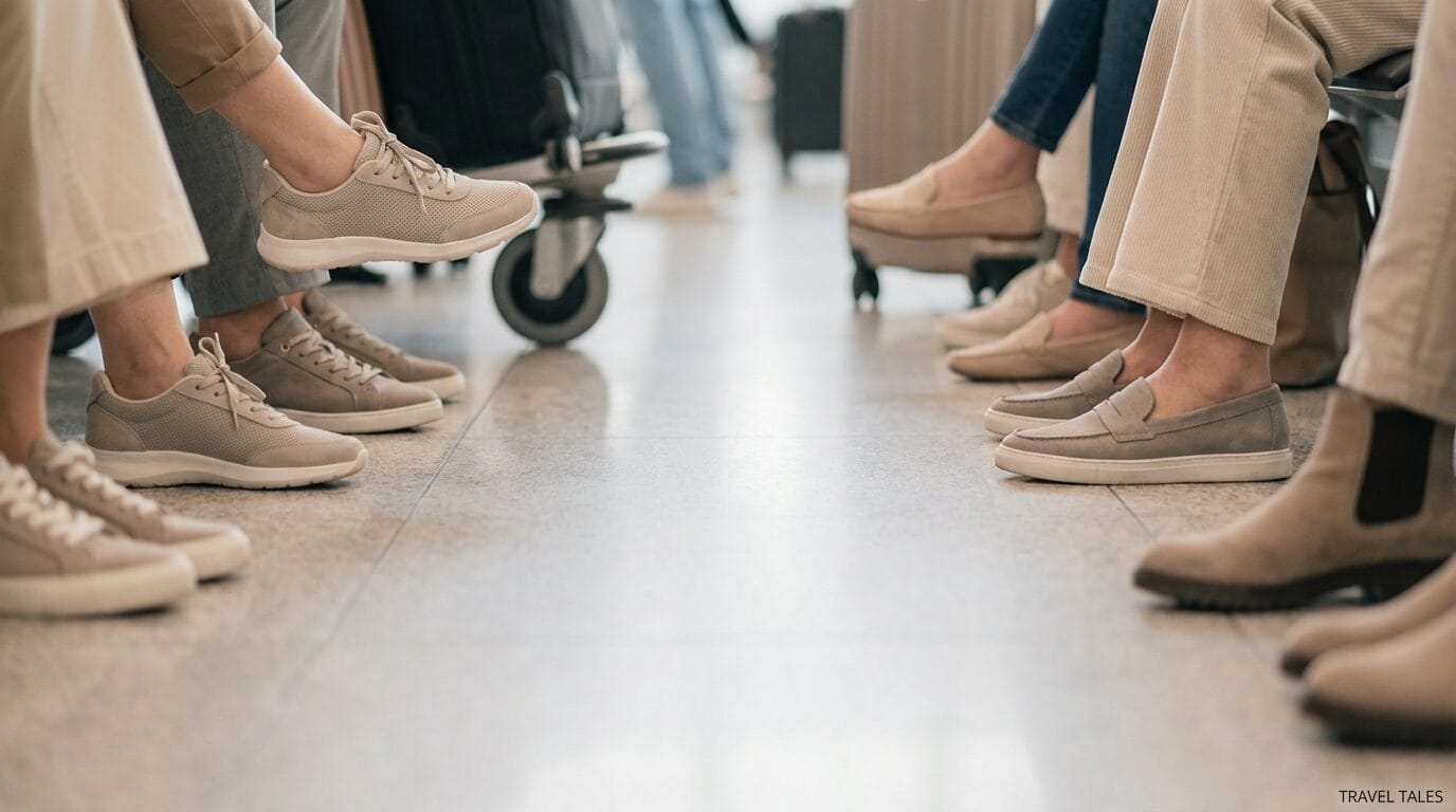 People waiting in an airport terminal.