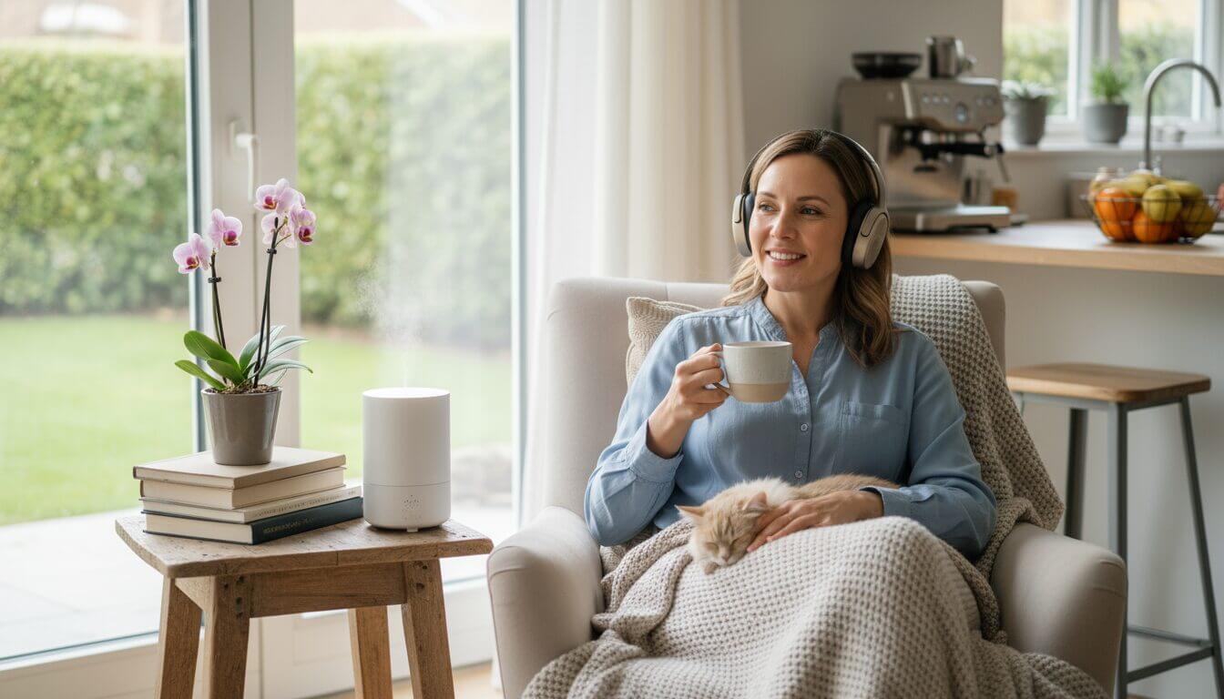 Relaxing with tea and a pet.