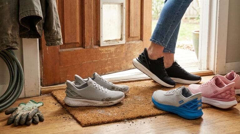 Shoes at a home entrance.