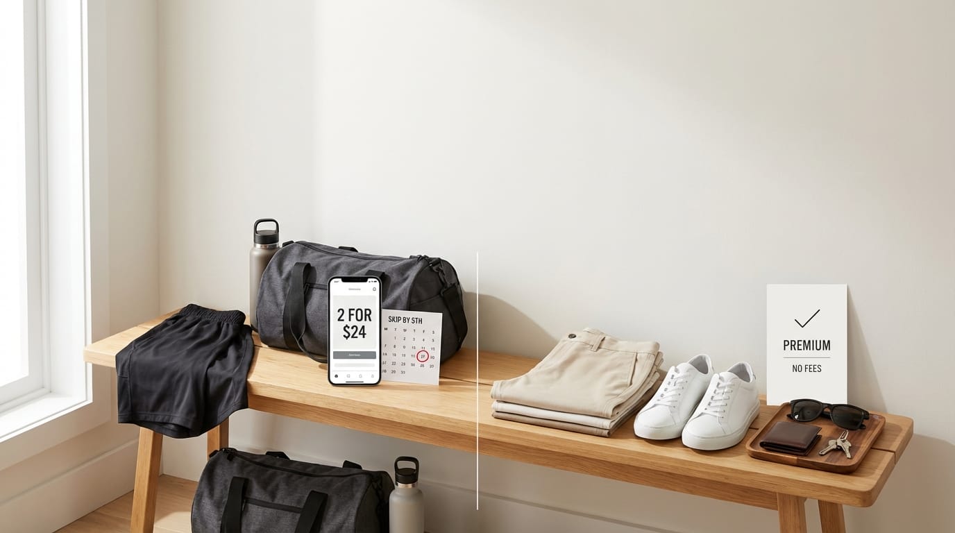 Gym essentials and workout gear displayed showing athletic wear shopping and selection process